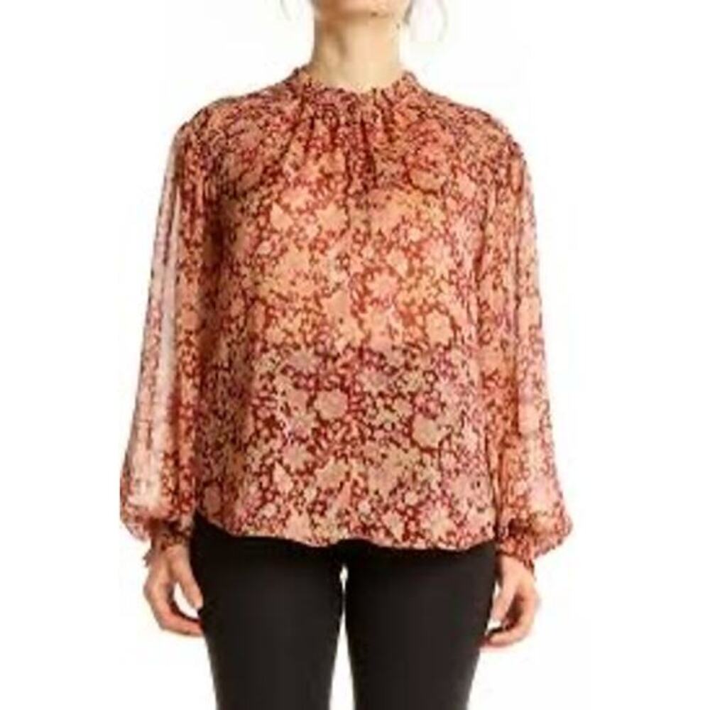 Joie Burgundy Floral Print Sheer Blouse long sleeve high neck keyhole cute Small